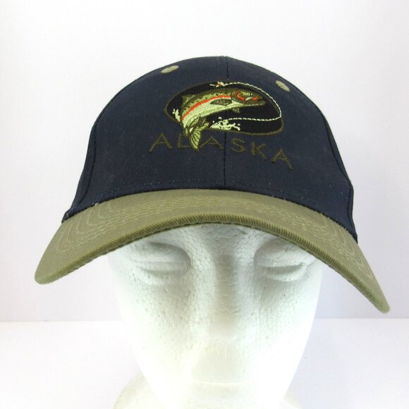 Alaska Embroidered Logo with Fish Men's Blue Adjustable Strap Back Cap Hat - Picture 2 of 8